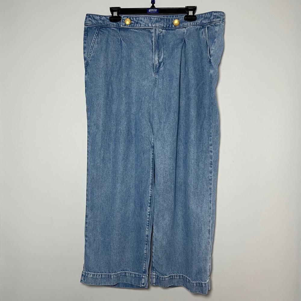 Talbots Trouser Jean 14WP Blue Wide Leg Tencel Lyocell Gold Button Flowy Boho
